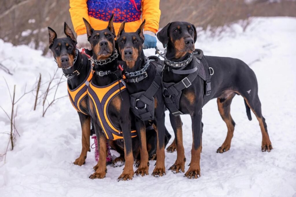 Stock image of a person with four large dobermans in a snowy forest
