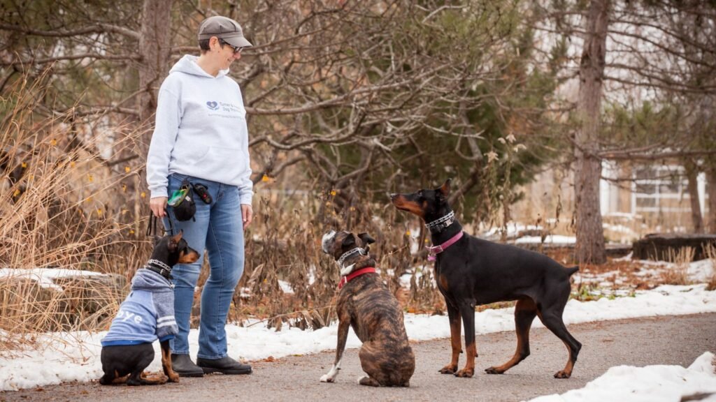 Ineke standing outdoors with three dogs during a winter training session.